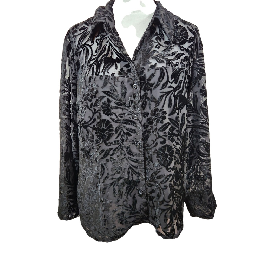 Emma James Womens Black Velvet Burnout Floral Button Up Blouse 18W Sheer Top